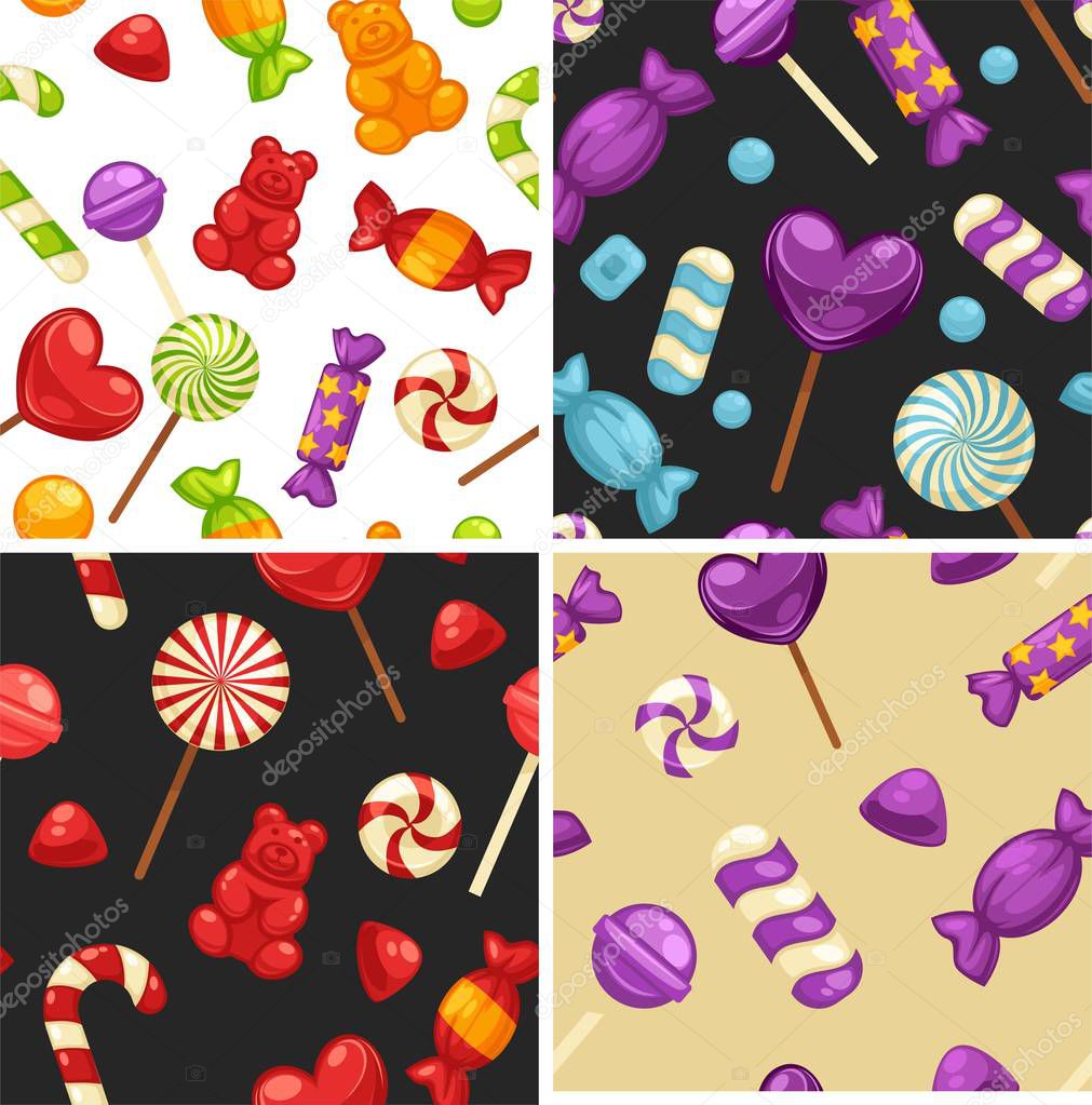 Delicious sweet candies in bright covers seamless patterns 