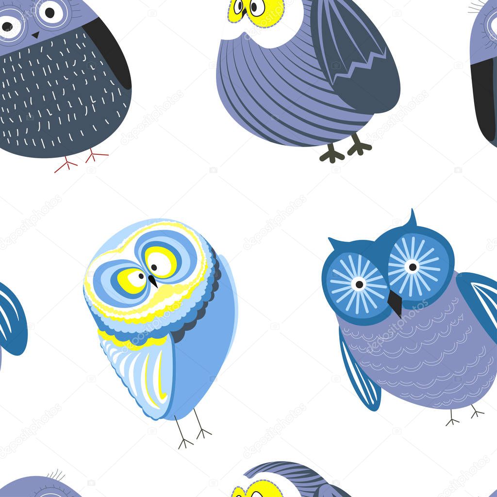 Owls cartoon funny characters with feather ornament, seamless pattern