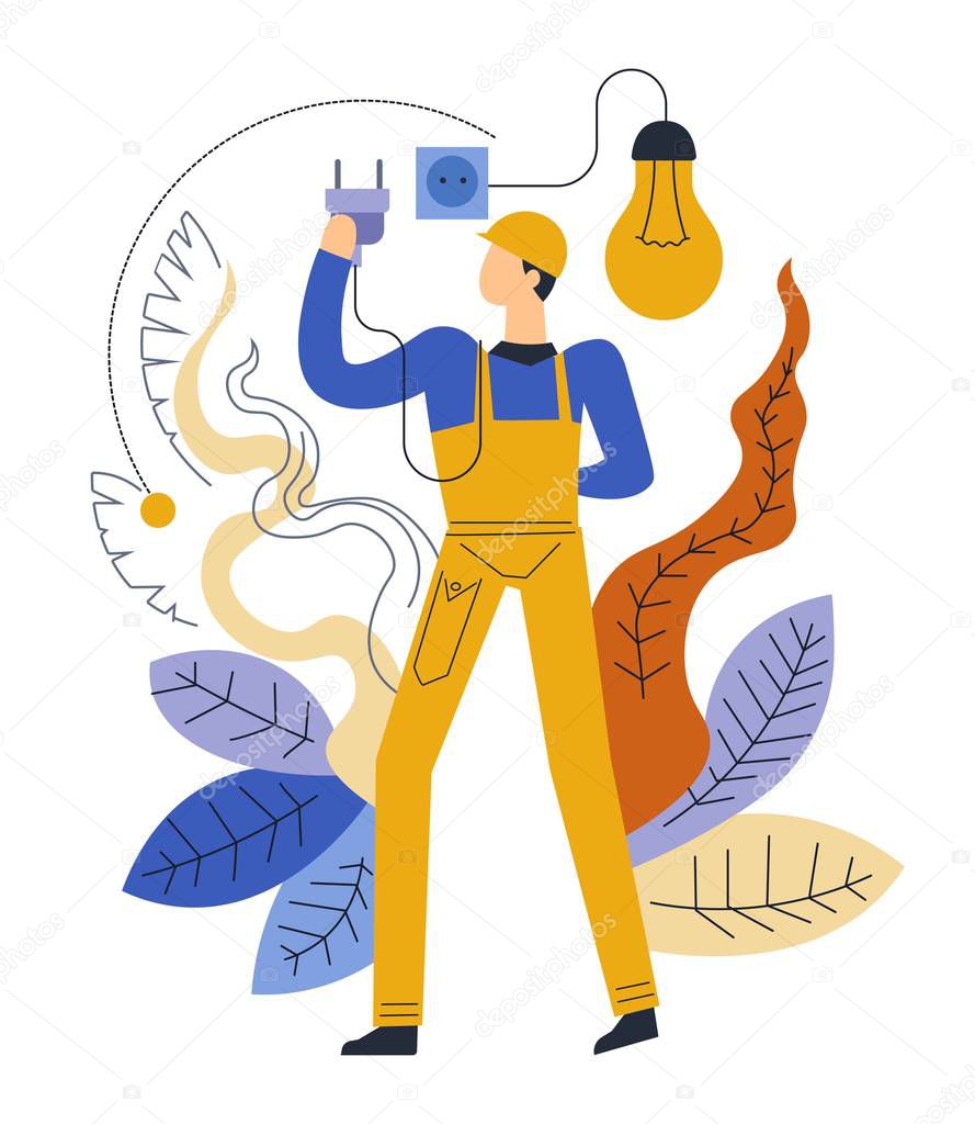 Electrician service, vector man dealing with electric bulb 