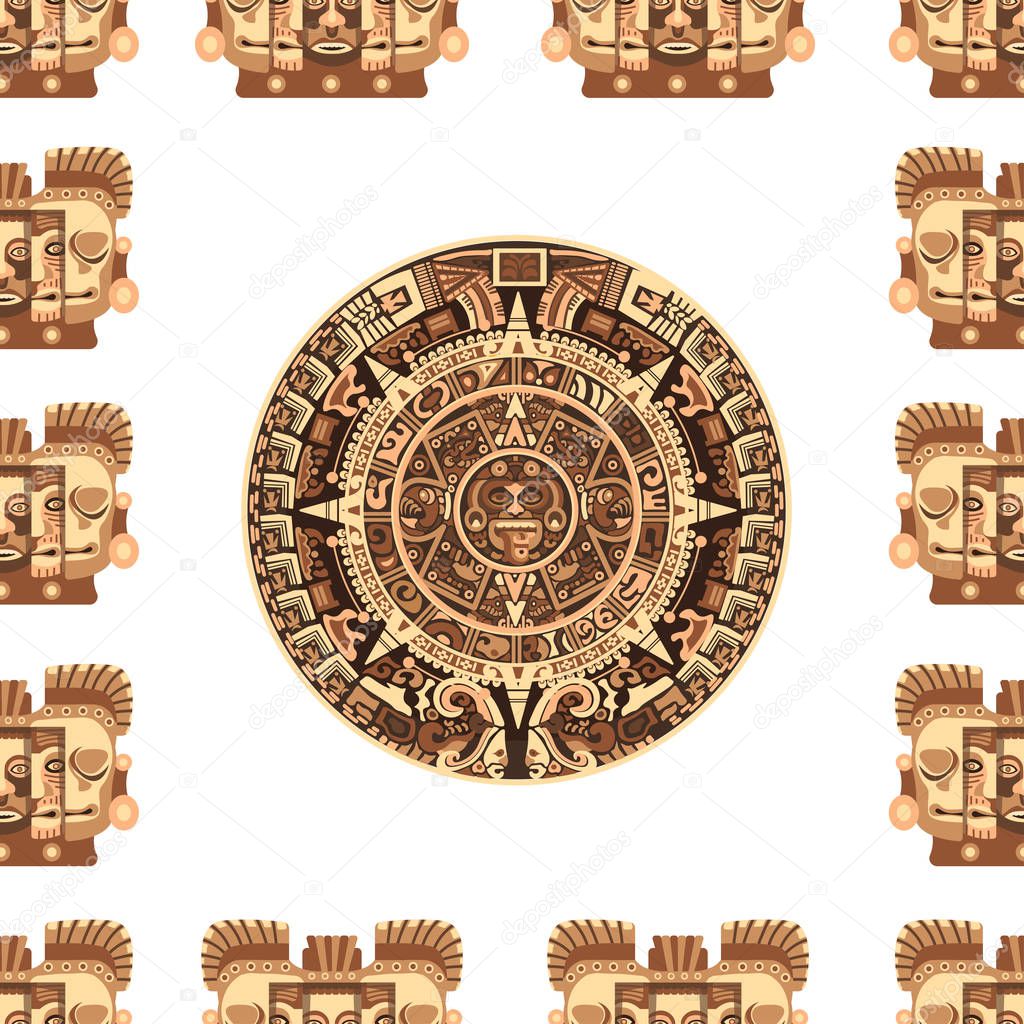 Maya traditional attributes and ancient priceless relics seamless pattern