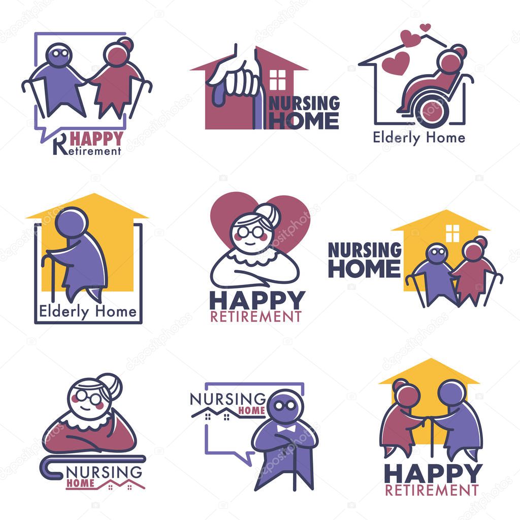 Happy retirement for elderly people isolated logos, vector