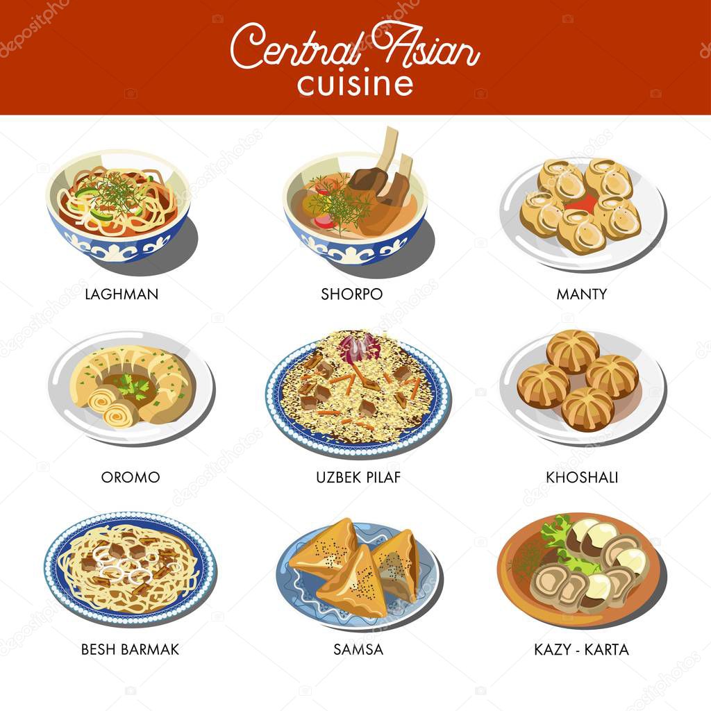 Central Asian traditional dishes, restaurant vector icons