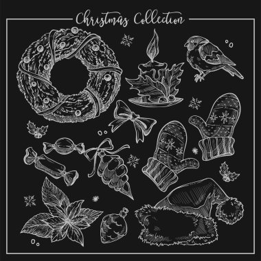 Noel toplama sembolik geleneksel öğeleri tek renkli eskiz 