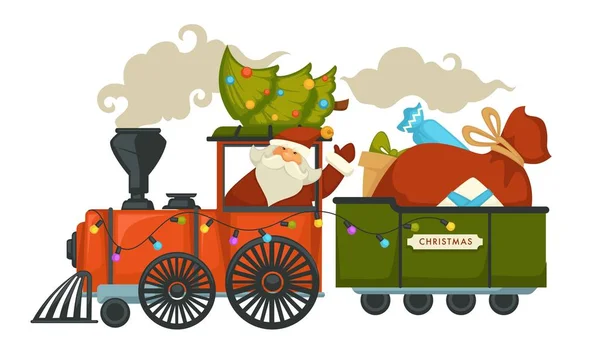 Christmas Preparation Santa Claus Evergreen Tree Riding Old Locomotive Vector — Stock Vector