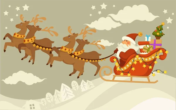 Weihnachtsmann Und Hirsche Cartoon Vektor Illustrationen — Stockvektor