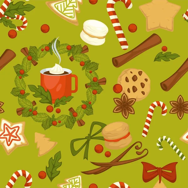 Frohe Weihnachten Symbolisches Essen Und Pflanzen Nahtlose Muster Vektor — Stockvektor