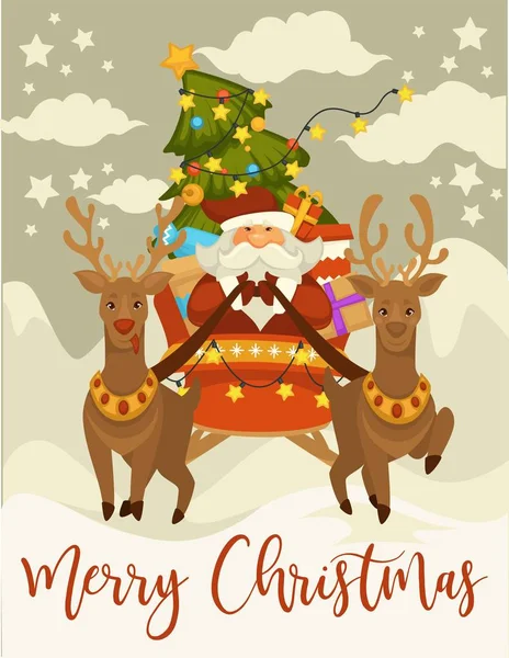 Vacanze Natale Babbo Natale Cervi Con Slitta Vettore — Vettoriale Stock