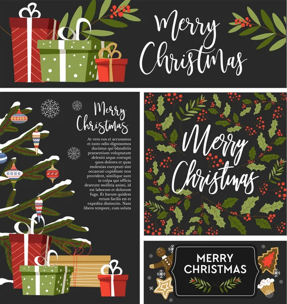 Juego Navideño Banners Felicitación Vectorial Tarjetas Carteles — Archivo Imágenes Vectoriales