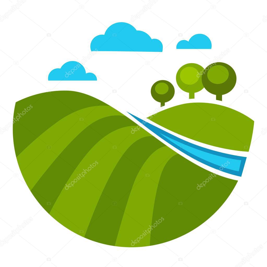 Trees and river, water and green grass lawn, vector