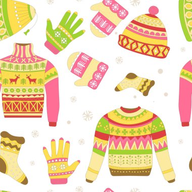 Örgü kazak ve sıcak şapka Dikişsiz desen beyaz arka plan üzerinde izole, vektör