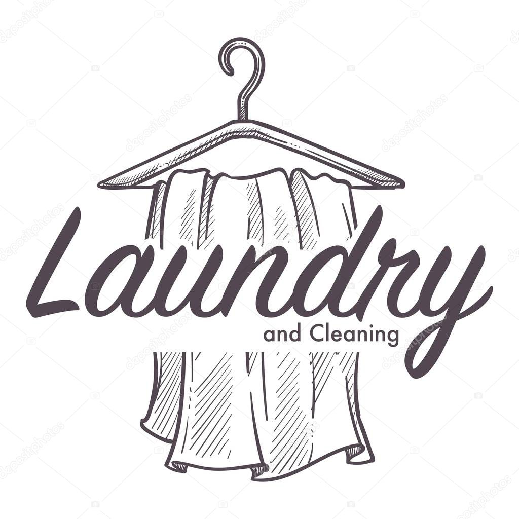 Laundry and cleaning service logotype, monochrome outline vector