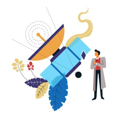 Uydu ve bilim adamı izole simge vektör