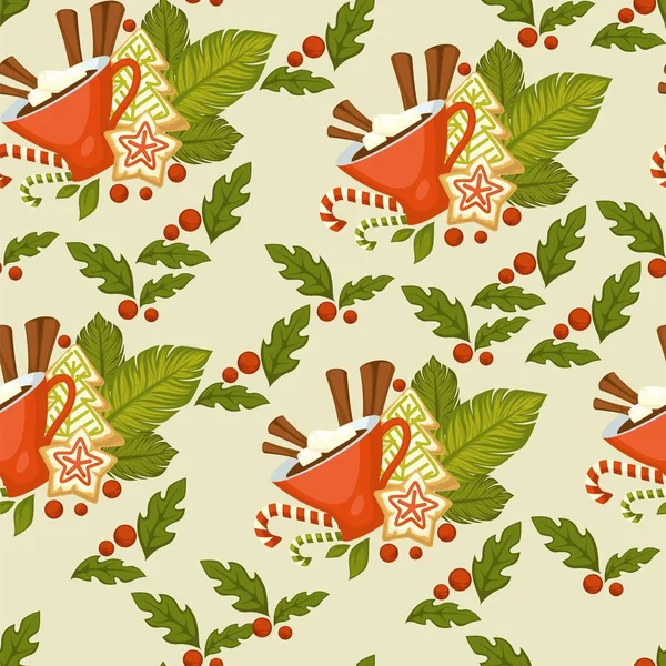 Frohe Weihnachten Symbolisches Essen Und Pflanzen Nahtlose Muster Vektor — Stockvektor
