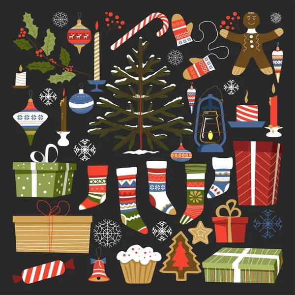 Frohe Weihnachten Traditionelle Symbole Und Gegenstände Des Winterurlaubs Vektor — Stockvektor