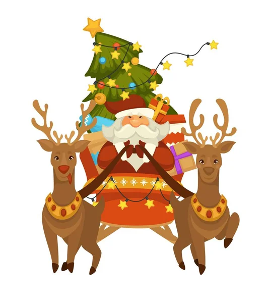 クリスマス サンタ クロースと鹿 漫画ベクトル イラスト — ストックベクタ