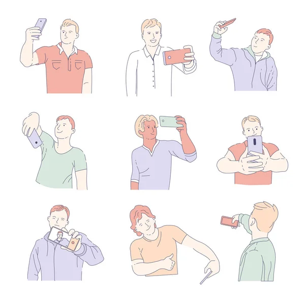 Hombres Tomando Selfie Con Smartphone Iconos Aislados — Vector de stock