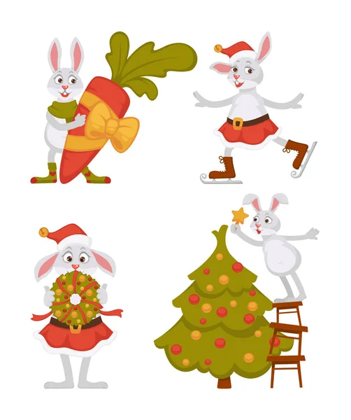 Christmas Rabbit Isolated Icons Vector — Stock Vector