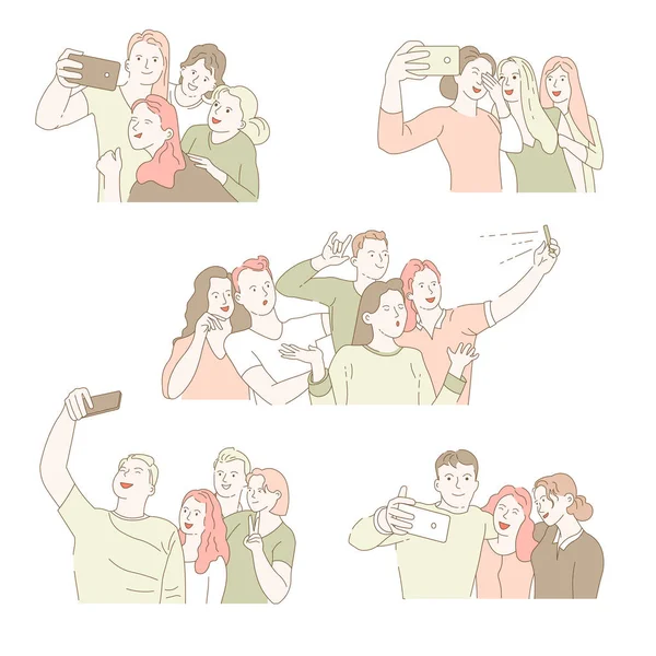 Grupowe Selfie Białym Tle Ikony Mężczyzn Kobiet Biorąc Zdjęcie — Wektor stockowy