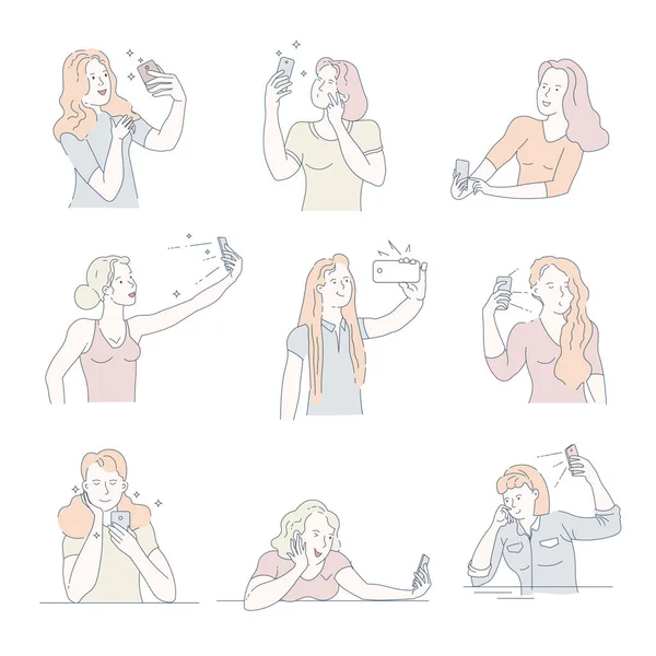 Femmes Prenant Selfies Sur Smartphone Icônes Isolées — Image vectorielle