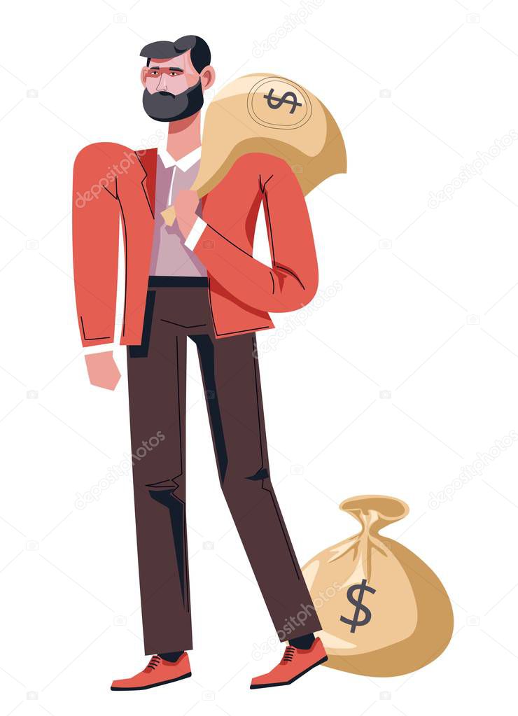 Businessman walking with money bag, vector 