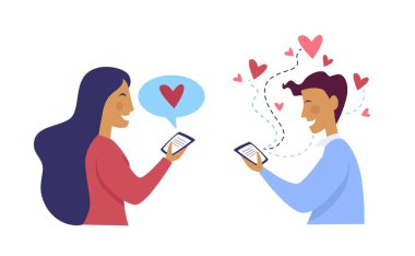 İleti alışverişinde smartphones içinde aşk kavramı illüstrasyon kadın.