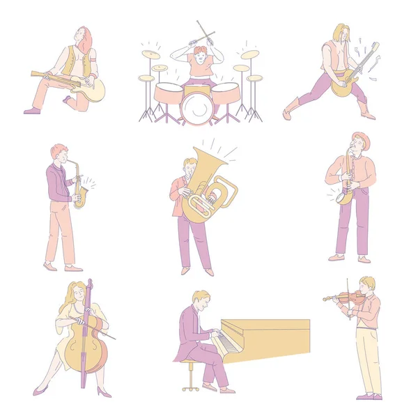 Actuación Concierto Música Personas Tocando Instrumentos Sobre Fondo Blanco — Vector de stock