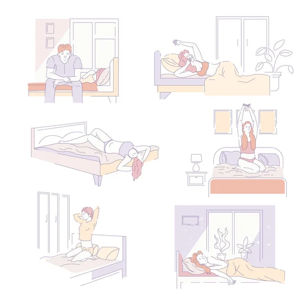 女性と男性のベッドで早起きのイラストのセット — ストックベクタ