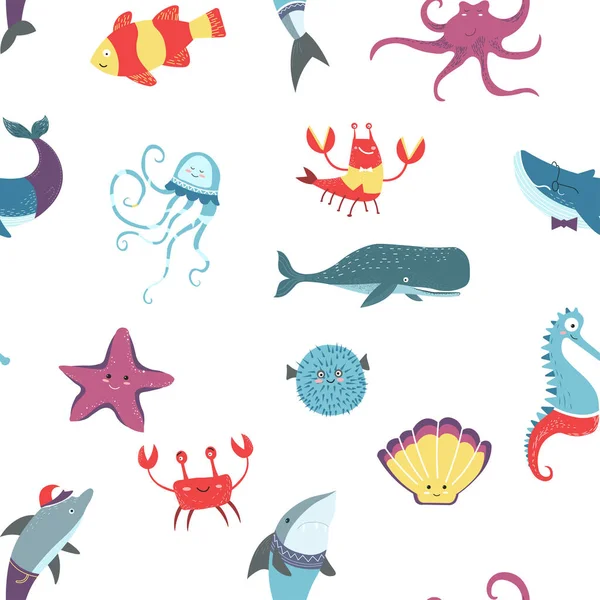 Восьминіг Риба Краб Різні Океанічні Тварини Безшовний Візерунок Морської Теми — стоковий вектор