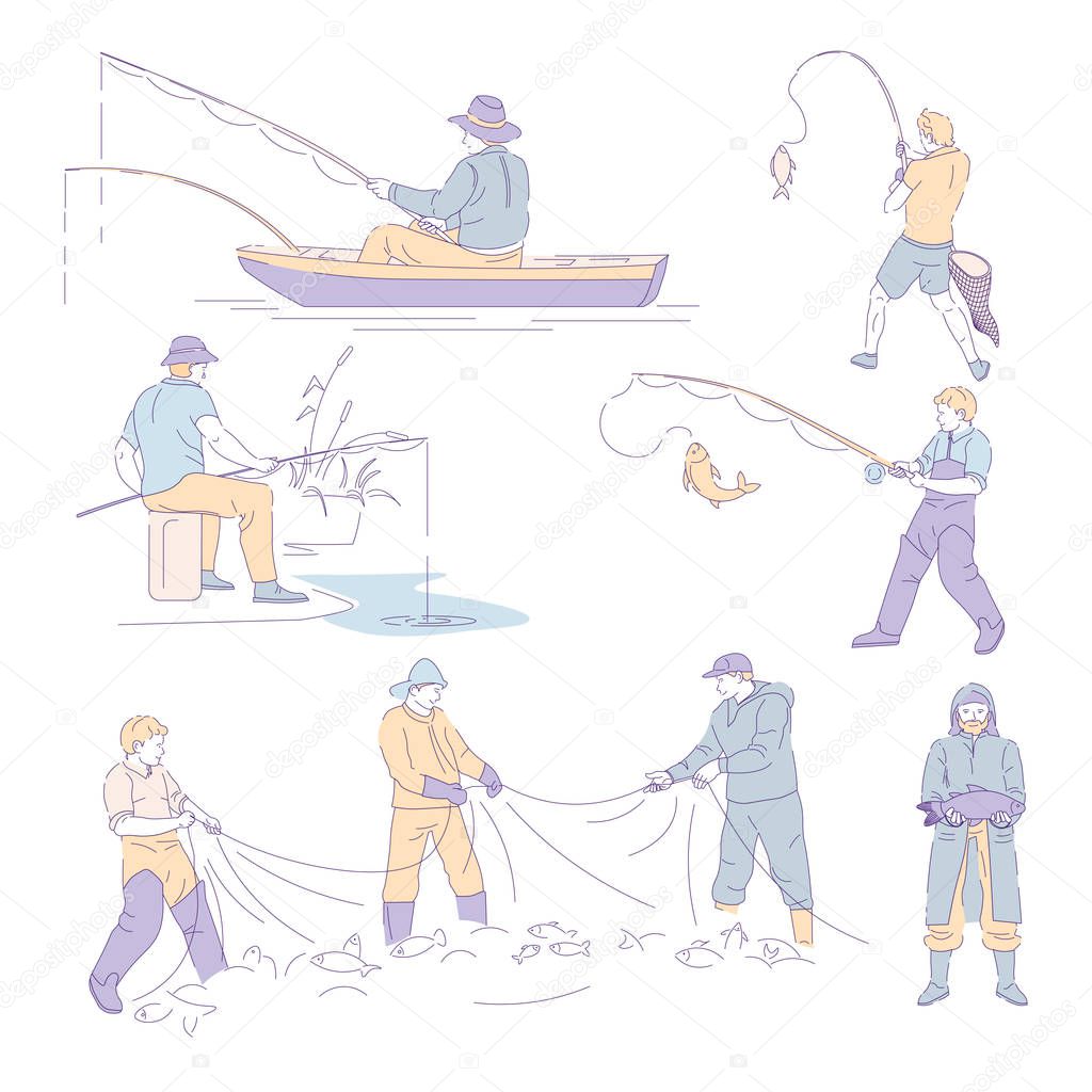 Set of fishermen with net and fishing rods catching fish, fishing hobby and fishing industry concept illustration.