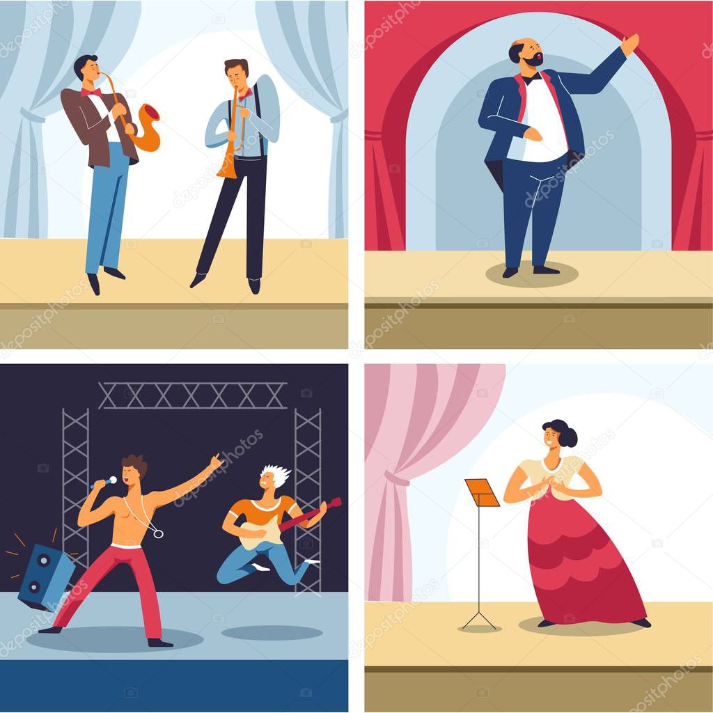 Performing arts, different music genres, vector illustration