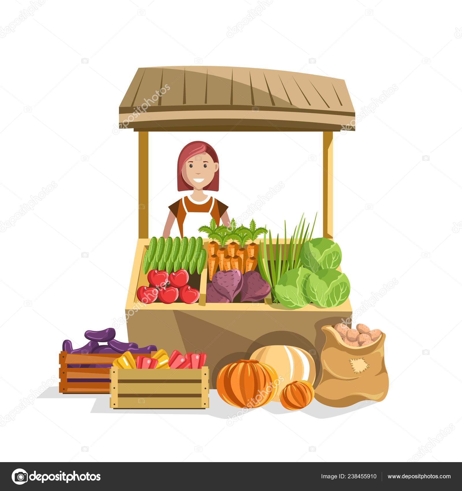 Street Counter Vegetables Female Seller Vector Illustration Stock