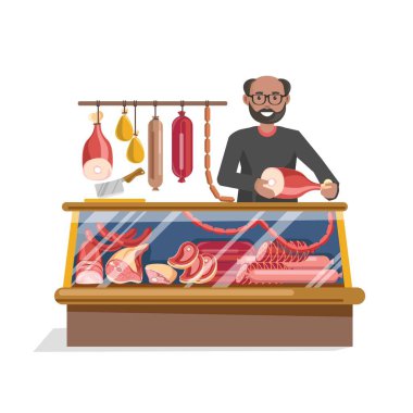 Kasap dükkanı et ve dostu satıcı, vektör çizim ile.