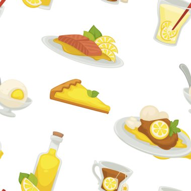 Farklı yemekler ve cam şişe, vektör seamless modeli yağda
