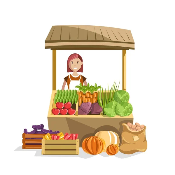 Street Counter Vegetables Female Seller Vector Illustration — Stock Vector