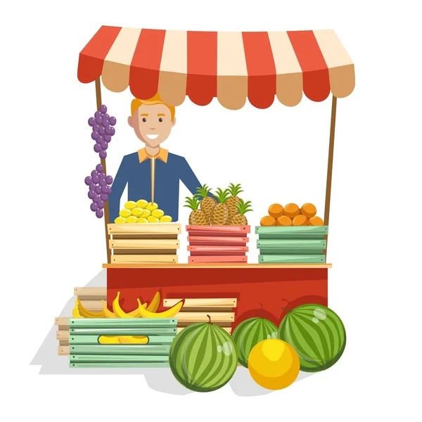 Wooden Counter Fruits Man Seller Vector Illustration — Stock Vector