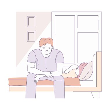 Yatağın kenarında oturan adam uyanma sabah vektör