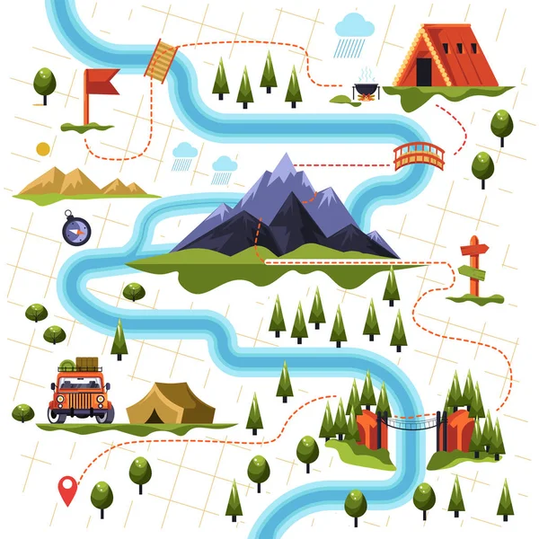 Randonnées Pédestres Camping Tourisme Forêt Montagne Carte Vecteur — Image vectorielle