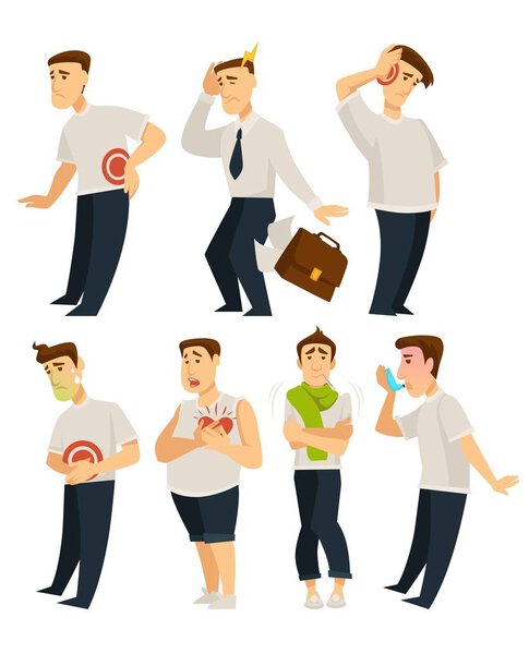 Illnesses or diseases and stress, isolated vector characters 