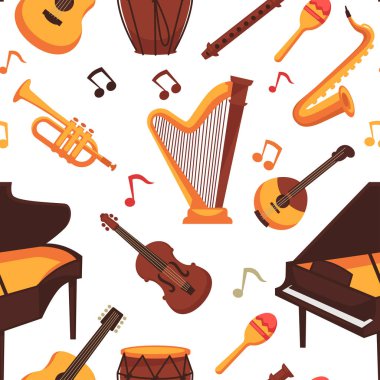 Müzik aletleri düz simgeler seamless modeli, vektör 