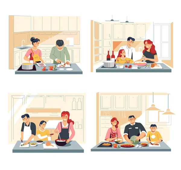 Home Kitchen Family Cooking Vector — Stock Vector