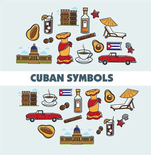 Viagem Cuba Cartaz Promocional Com Símbolos Nacionais — Vetor de Stock