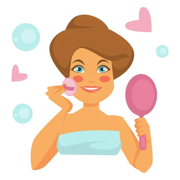 Beauty Procedure Woman Towel Washing Face Sponge Vector — Stock Vector