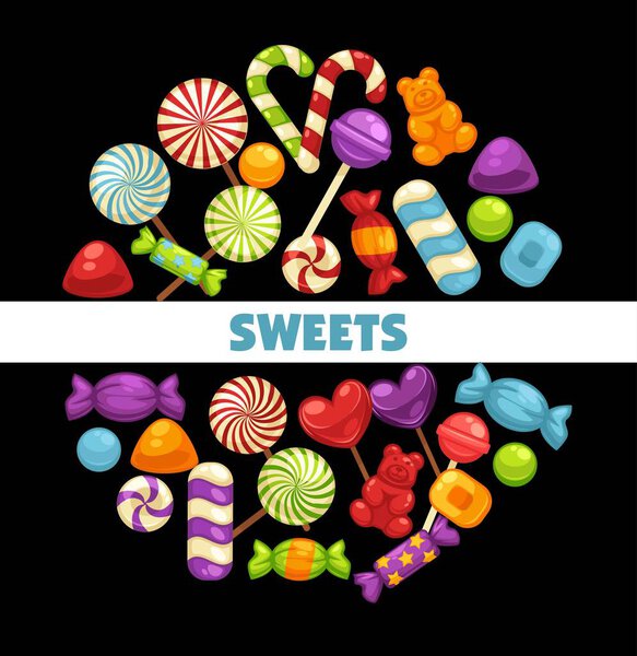 Candies and caramel sweets poster for confectionery or candy shop, Vector