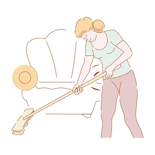 Mopping Piso Limpieza Sala Estar Mujer Con Fregona Vector — Vector de stock