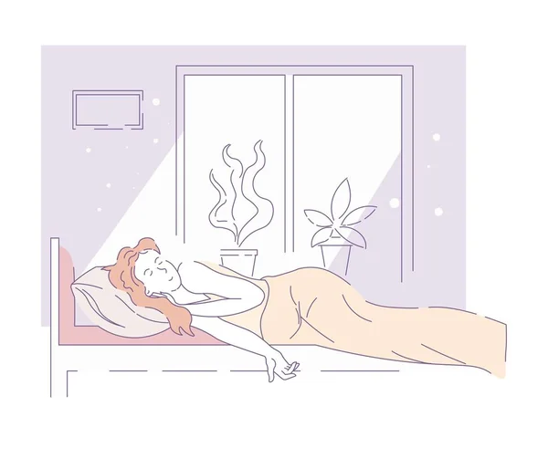 窓際のベッドで眠る女性 ベクトル — ストックベクタ