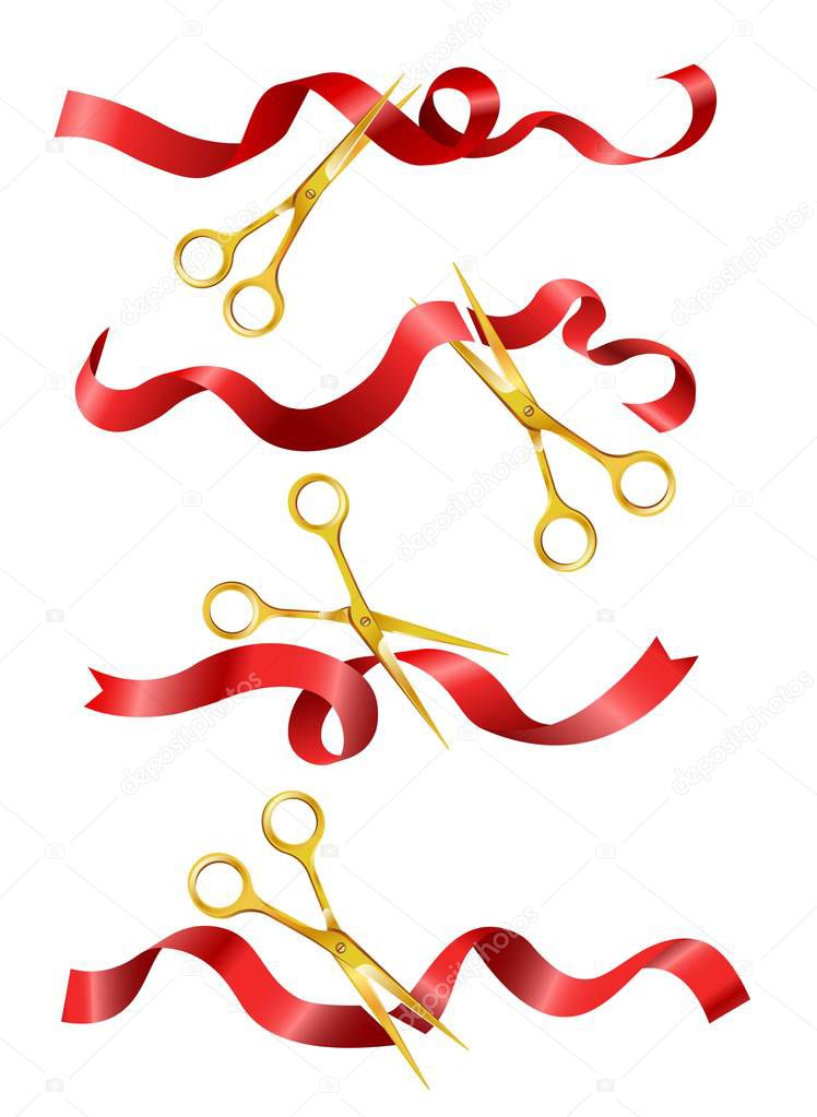 Scissors cutting red ribbon, symbol for opening ceremony event, Vector