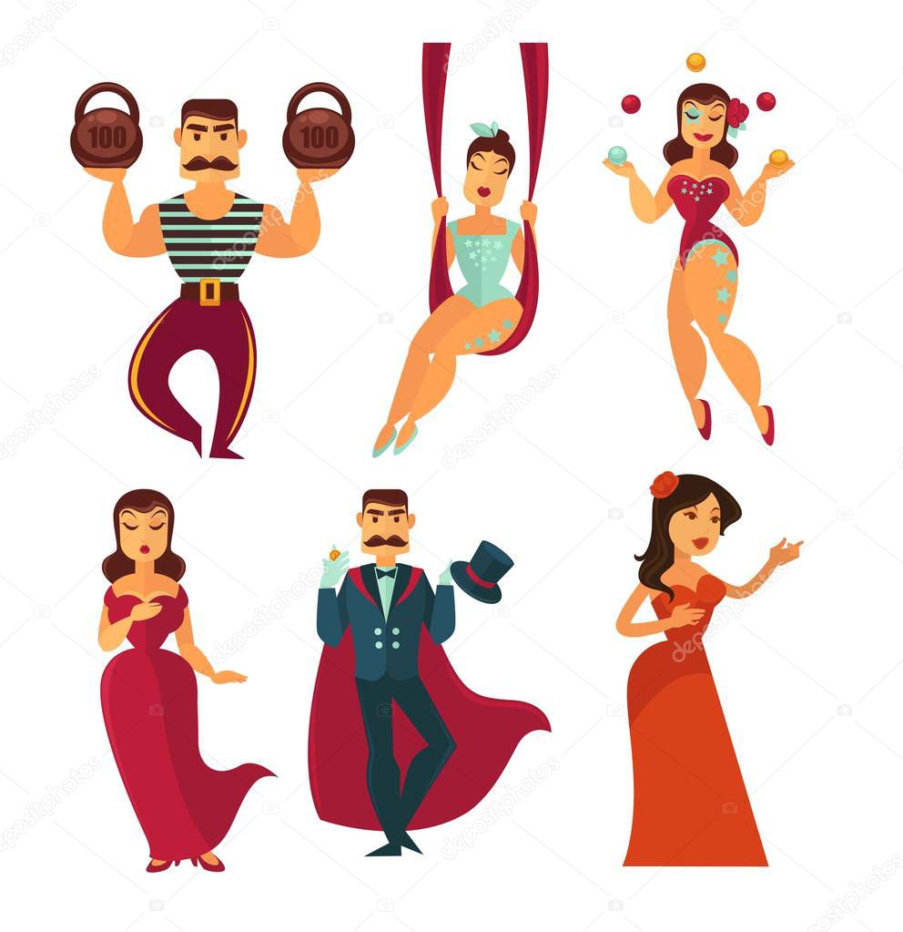 Stage performers, circus show artists and singers, vector