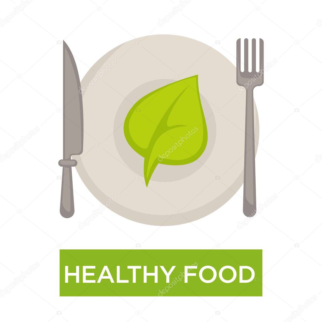 Green leaf on plate with cutlery, isolated icon vector 