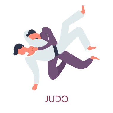 Japon saldırı mücadele judo spor ve savunma vektör savaşçıları kimono bantlar Oriental ile sanat ve felsefe eğitimi ana mücadele ve fikir tartışması kuvvet ve bilgelik izole erkek karakterler çırak.