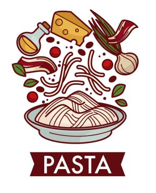 Peynirli makarna ve pastırmalı yemek tarifi vektörü carbonara zeytin yağı soğan ve domates soslu spagetti ya da tagliatelle İtalyan yemeği malzemeleri domuz eti ve sebze baharatlı mutfak.